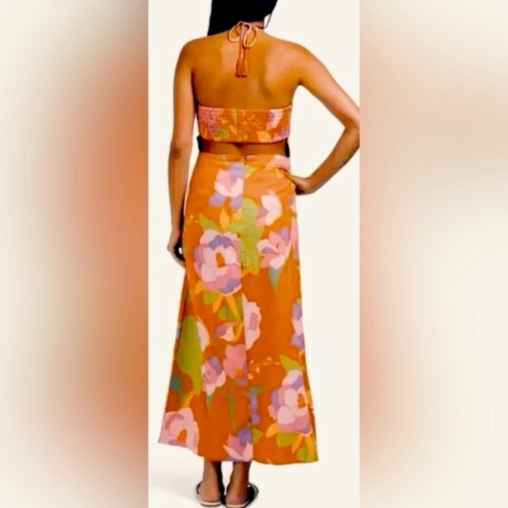 NEW CAROLINE CONSTAS linen halter maxi blend USS floral cut out beaded vacation